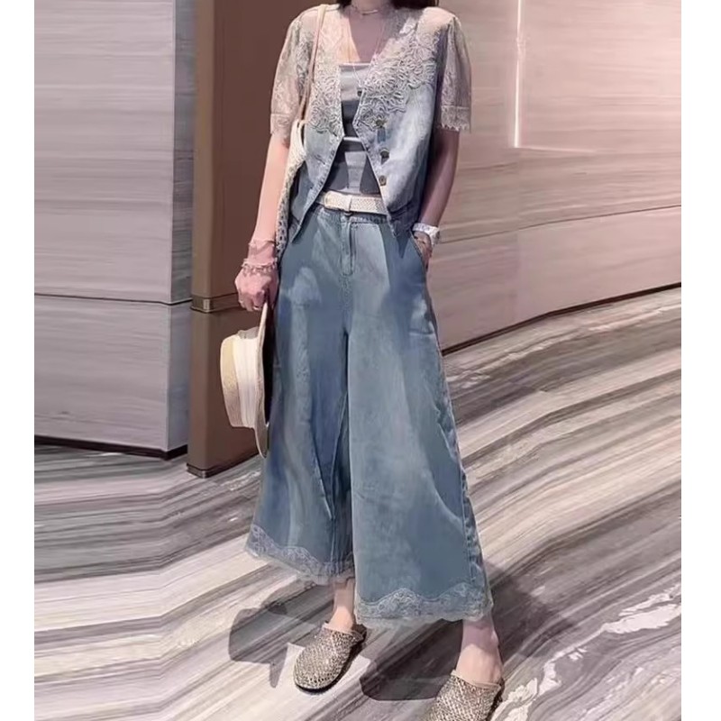 欧版蕾丝花边牛仔裤+牛仔外套两件套装女夏季宽松阔腿裤九分裤薄,女装/女士精品,大码套装,淘宝优惠券,粉丝福利购,淘宝优惠卷