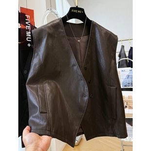 欧版秋冬pu皮衣复古皮马甲女款背心百搭外搭短款无袖坎肩马夹外套