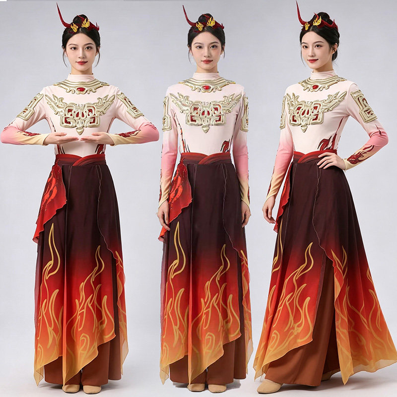 现代舞打鼓服演出服新款腰鼓喜庆中国风舞蹈服水鼓舞开场舞服装女