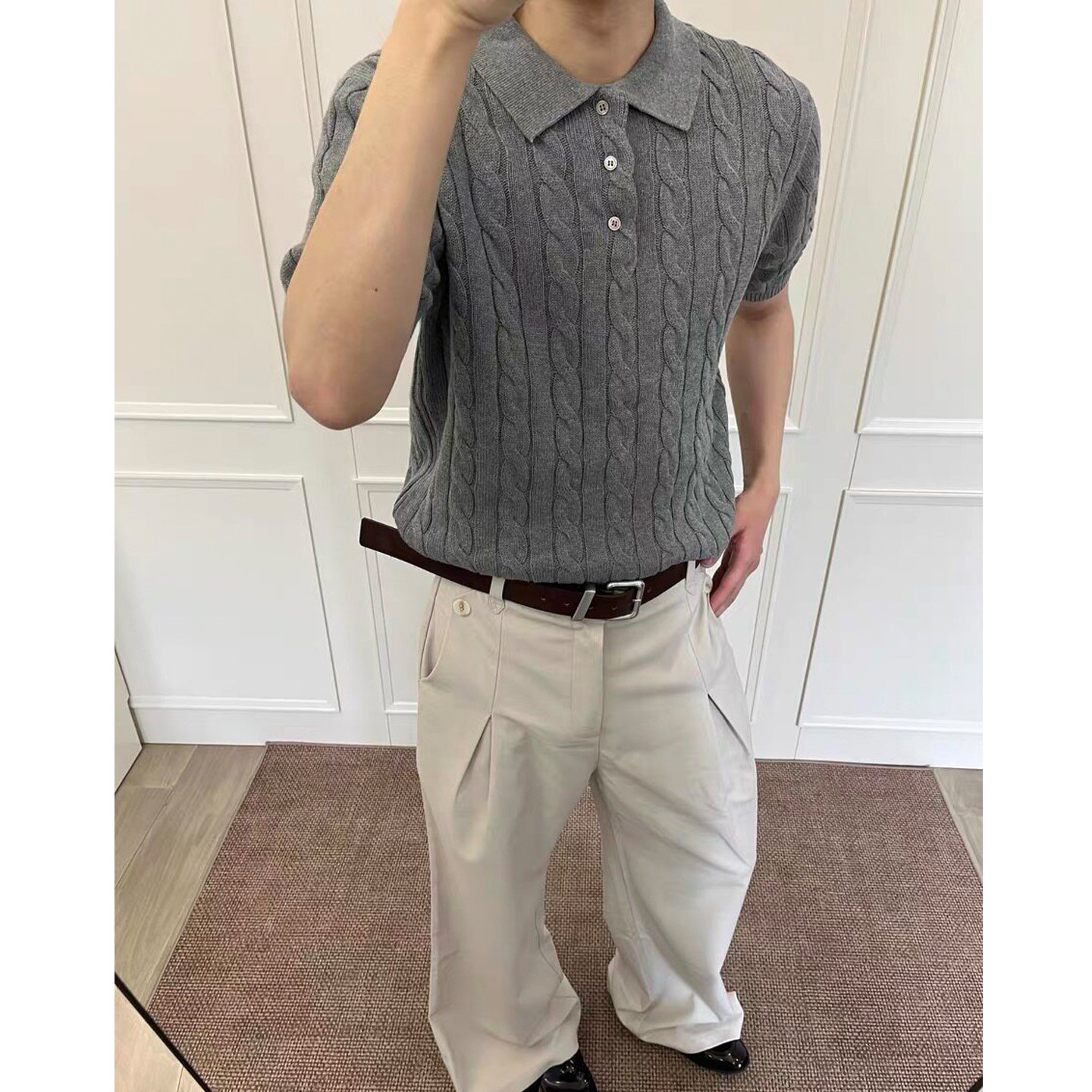 灰色绞花针织短袖polo衫男夏季老钱风穿搭T恤亨利领正肩半袖上衣