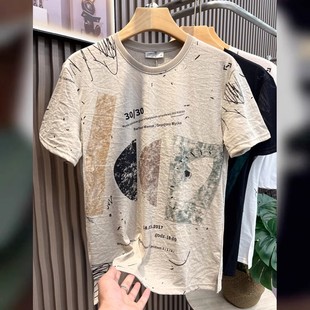 t恤男2024夏季 新款 高端天丝棉麻时尚 欧货高端短袖 上衣印花半袖 衫