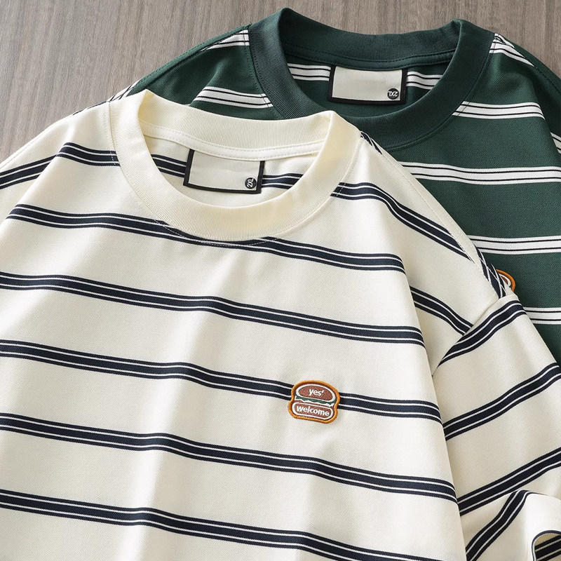 260G重磅条纹t恤男短袖夏季2026新款美式复古宽松圆领刺绣半袖潮