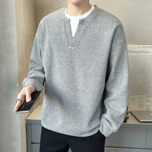 一体绒重磅假两件圆领男士卫衣加绒加厚保暖针织内搭打底衫上衣男