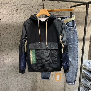 2025秋季新款拼接设计感连帽休闲卫衣男ins潮牌韩版修身套头外套