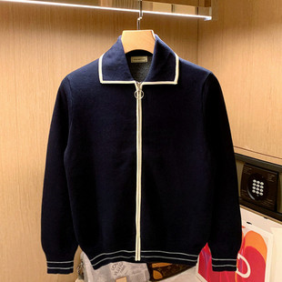 韩版简约秋冬撞色翻领加厚针织外套法式学院风奢华修身毛衣男开衫