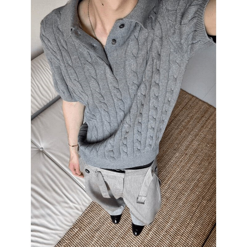 灰色麻花短袖针织POLO衫男夏季美式健身修身弹力t恤翻领复古上衣