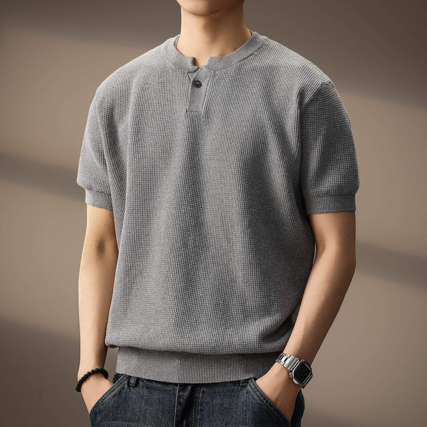 老钱风菠萝纹针织短袖Polo衫男款夏季亨利领正肩收腰t恤美式半袖