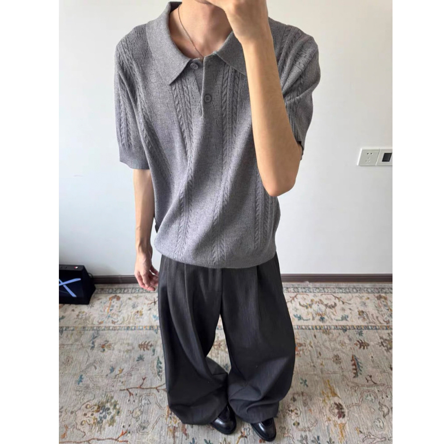 灰色麦穗提花翻领针织polo衫男春夏老钱风亨利领修身收口短袖T恤