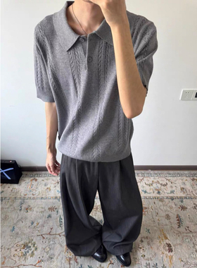 灰色麦穗提花翻领针织polo衫男春夏老钱风亨利领修身收口短袖T恤