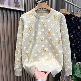 高级感男士爆款圆领提花针织衫2025潮流时尚字母加厚保暖满印毛衣