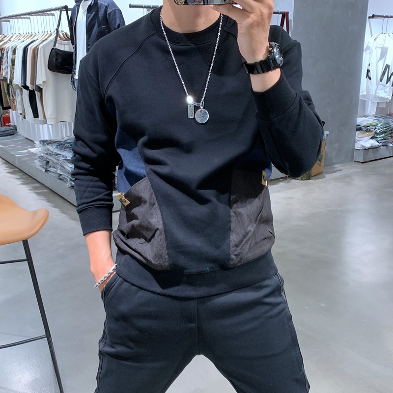 男士卫衣春秋款潮牌拼接口袋长袖圆领打底衫韩版百搭冬装痞帅上衣