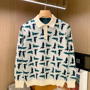 秋季新款潮流男装休闲男式翻领毛衣轻奢鳄鱼提花修身长袖polo衫男