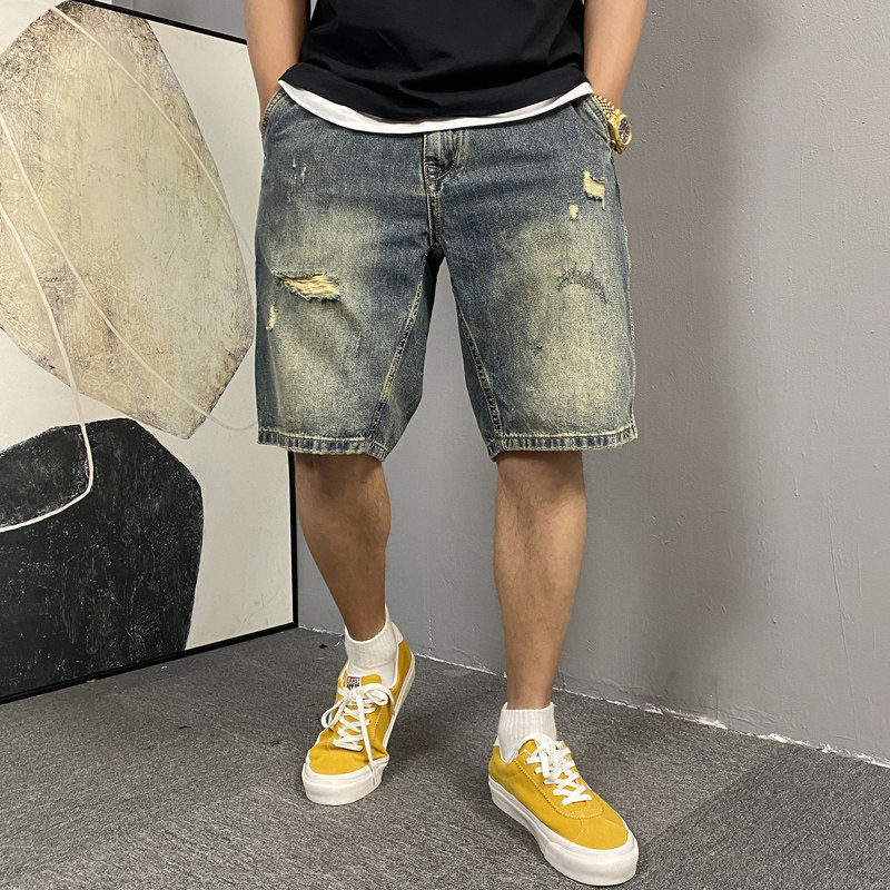 美式休闲松紧腰牛仔短裤男2026夏季薄款宽松直筒痞帅破洞五分裤子