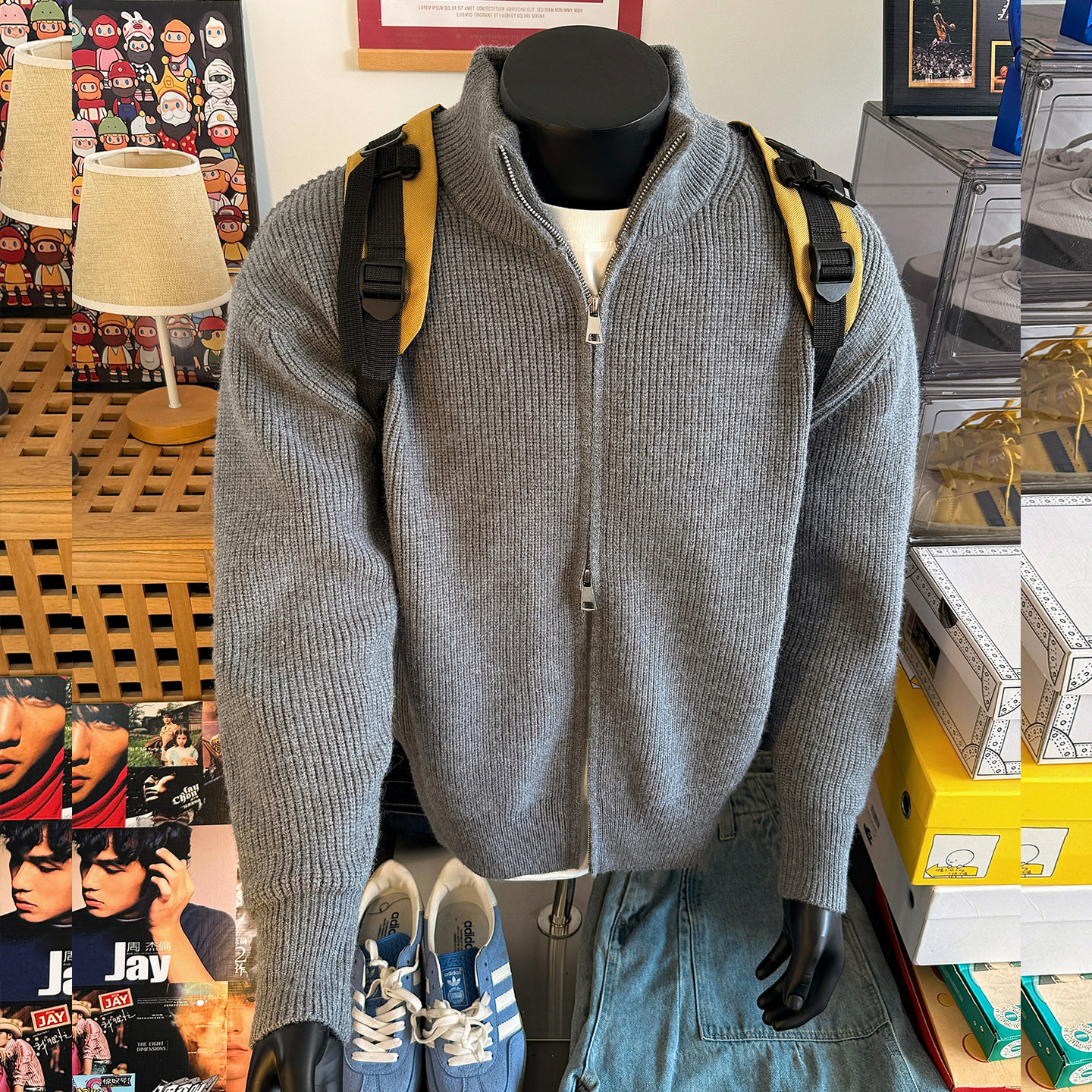 美式开衫拉链半高领毛衣男韩系高级设计感宽松休闲慵懒针织毛线衣