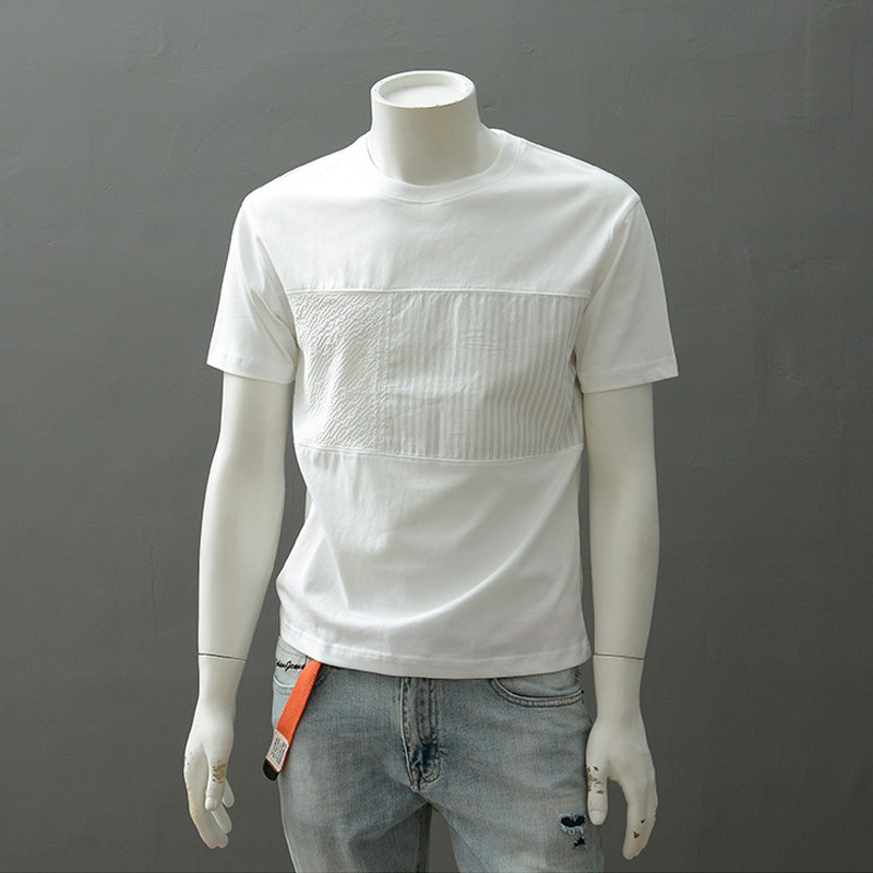 短袖t恤男士2026新款潮牌夏季冰丝薄款重磅白色体恤拼接宽松半袖