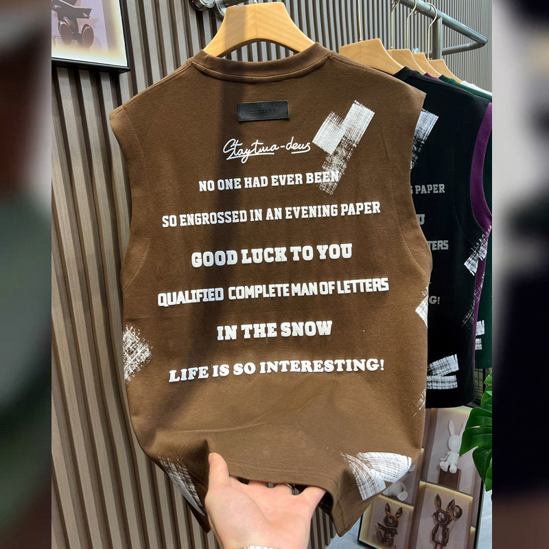 潮牌夏季新款无袖坎肩背心男士休闲创意图标英文印花上衣T恤汗衫
