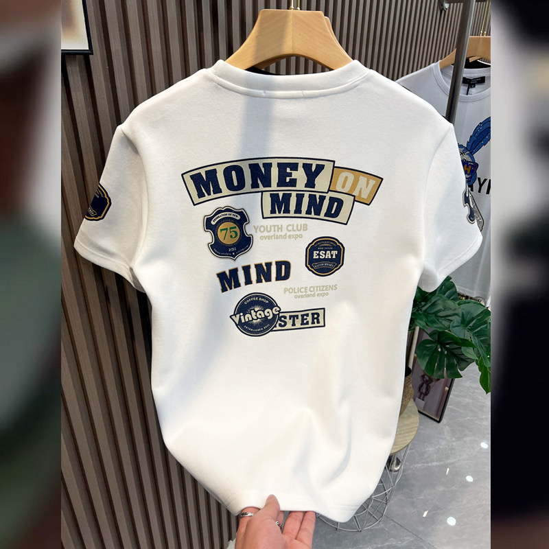 2026夏季时尚男士T恤圆领百搭休闲打底半袖贴标刺绣字母潮流短袖t