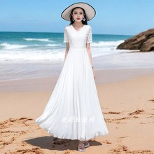 短袖蕾丝白色大摆连衣裙收腰显瘦飘逸长裙海边旅游度假拍照沙滩裙
