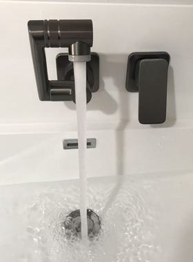 高背盆水龙头冷热墙式浴室柜抽拉折叠全铜洗手池面岩板枪灰色分体