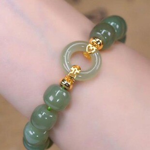 奥特莱斯折扣优惠撤柜捡漏18K金平安扣和田玉手链时尚 设计手女串