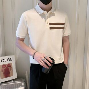 短袖 痞帅条纹翻领t恤潮牌夏季 黑白撞色POLO衫 男士 高级感修身 半袖