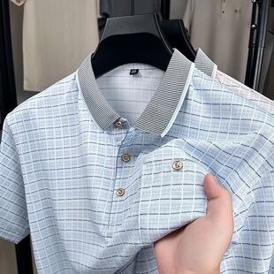 爸爸装 2025夏季 t恤中老年翻领休闲POLO衫 冰丝男士 上衣真口袋 短袖