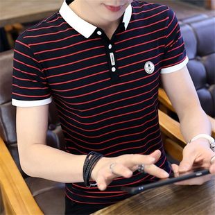体恤有带领半袖 潮条纹衬衫 领丅恤男短袖 t恤 男士 男夏季 polo衫 新款