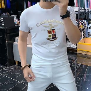 上衣體恤潮牌修身 夏季 T恤 短袖 圓領休閑潮流半袖 新款 蠶絲棉男士