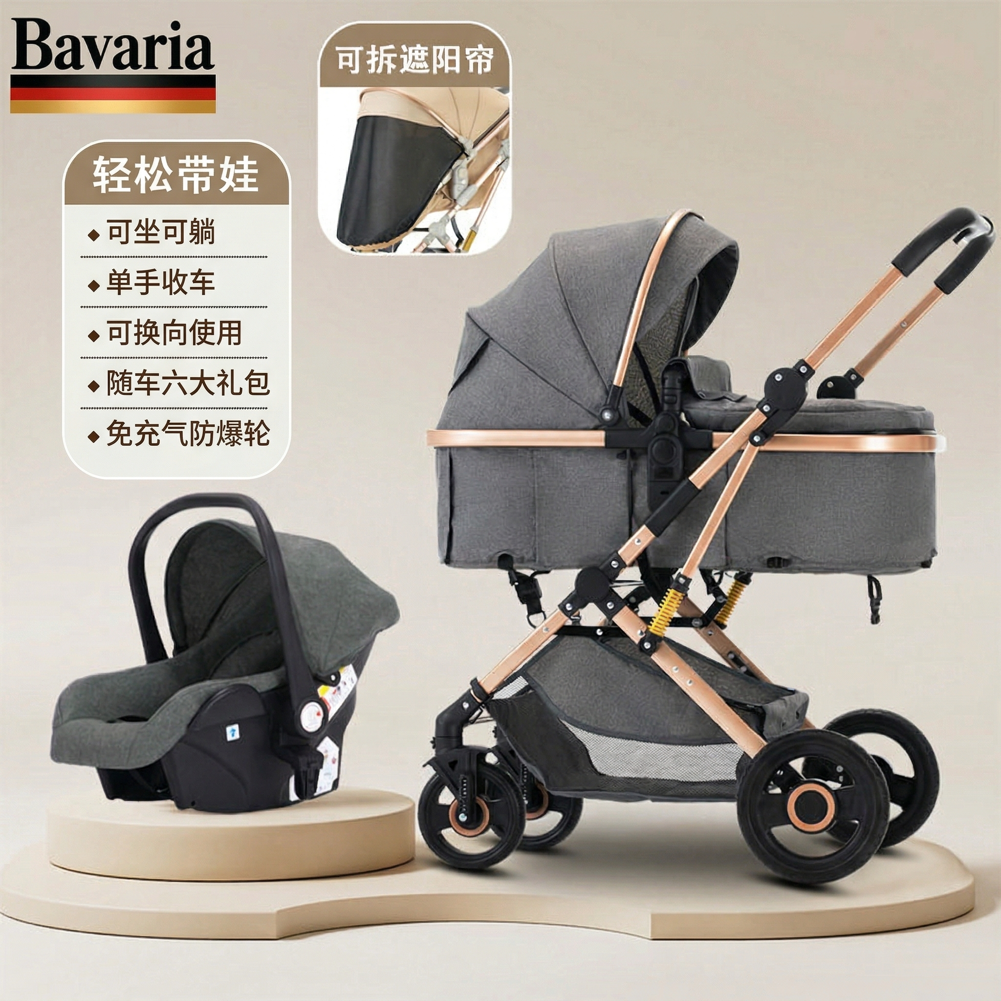 德国婴儿可坐可躺双向多功能新生儿幼儿手推车四轮避震三合一推车