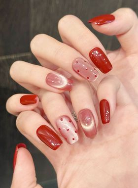 【半塘波点】红色感波点猫眼显白简约短款新年美甲穿戴甲