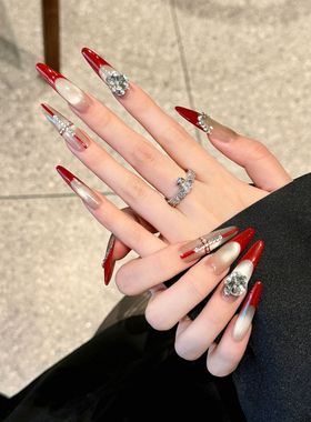 【美少女战士】红色法式长款十字架拼钻猫眼手工美甲穿戴甲
