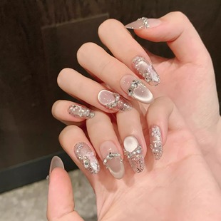 冰透爆闪高级温柔少女气质纯欲猫眼美甲纯手工穿戴甲 花蝶如梦