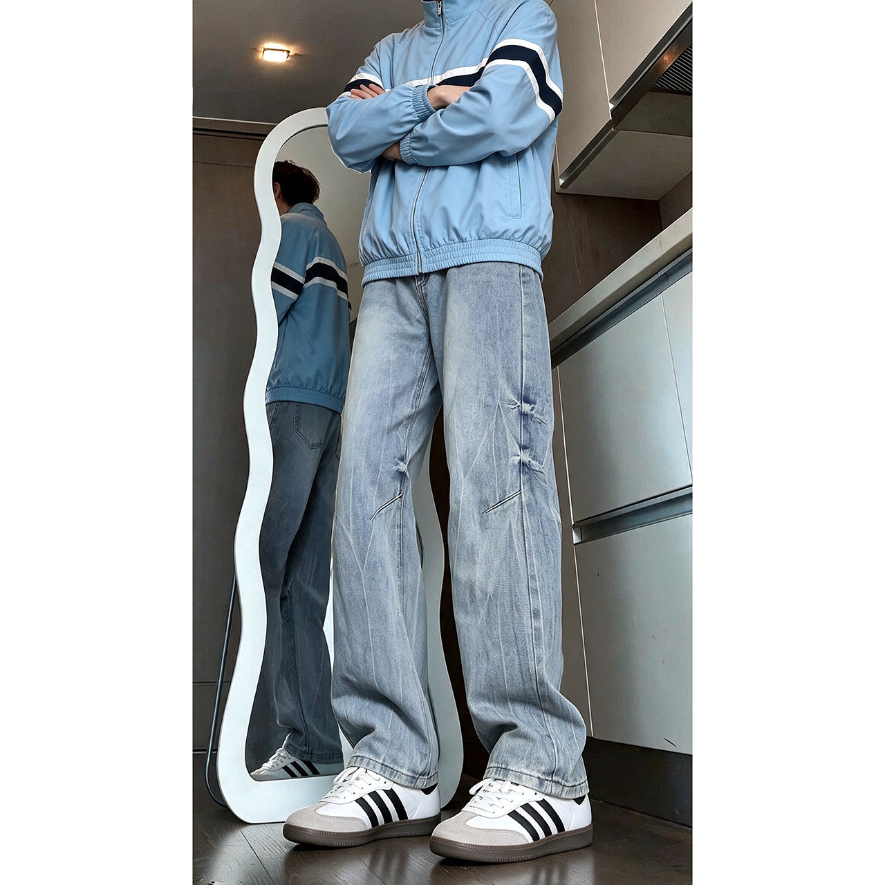 高街蓝色闪电竹节纹男牛仔裤