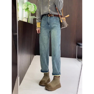 蓝色直筒牛仔裤女秋冬加绒高腰胖mm大码显瘦梨形身材宽松阔腿裤子