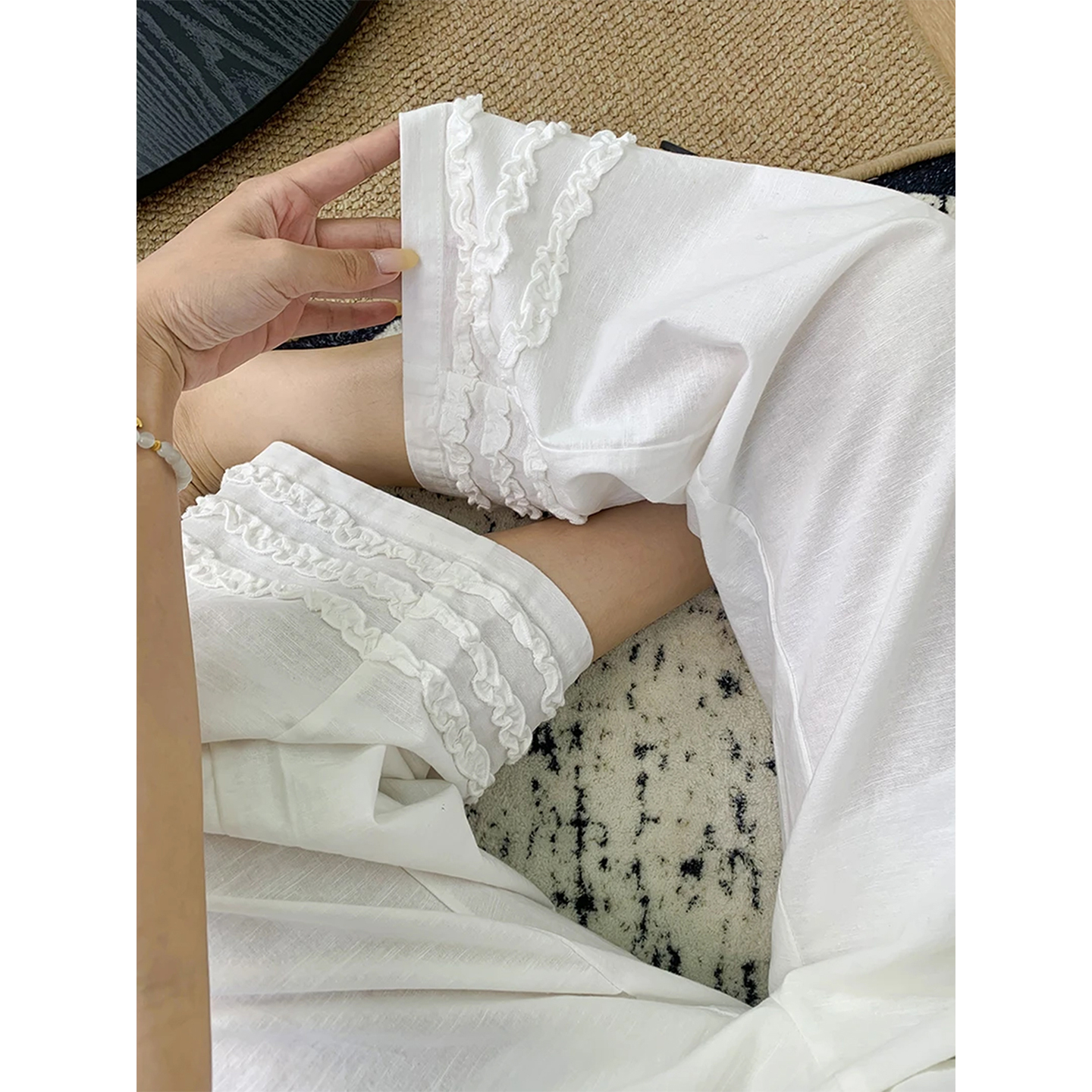 夏日松弛感木耳花边亚麻裤女大码胖mm梨形身材百搭阔腿九分休闲裤