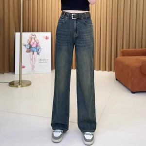 水泥灰阔腿牛仔裤女大码胖mm梨型身材显瘦复古高腰宽松窄版直筒裤