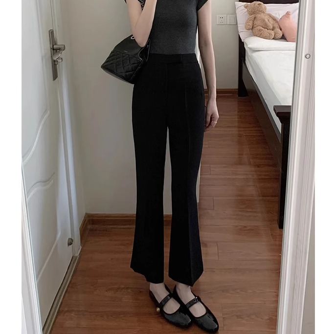 夏季新款梨型身材修身显瘦通勤休闲微喇裤女胖mm设计感百搭小黑裤