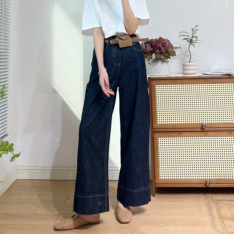 深蓝色直筒牛仔裤女2025春季新款大码胖mm梨形身材高腰弹力阔腿裤