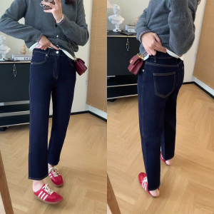 深蓝色直筒牛仔裤女2024年冬季新款大码胖mm显瘦加绒加厚烟管裤子