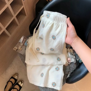 刺绣棉麻直筒休闲裤女夏季新款大码胖mm梨形身材显瘦阔腿九分裤子