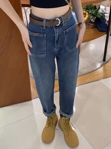 大码梨型身材弹力老爹牛仔裤女秋季新款胖mm遮肉显瘦直筒哈伦裤子