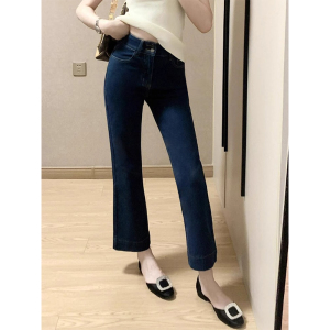秋冬新款微喇蓝色直筒牛仔裤女大码胖妹妹mm显瘦弹力梨形身材裤子