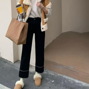 冬季新款加绒黑色刺绣直筒裤胖妹妹mm梨形身材高腰显瘦弹力阔腿裤