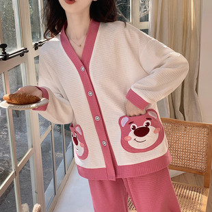 睡衣女春秋季纯棉长袖2025年新款华夫格开衫粉小熊家居服夏天套装