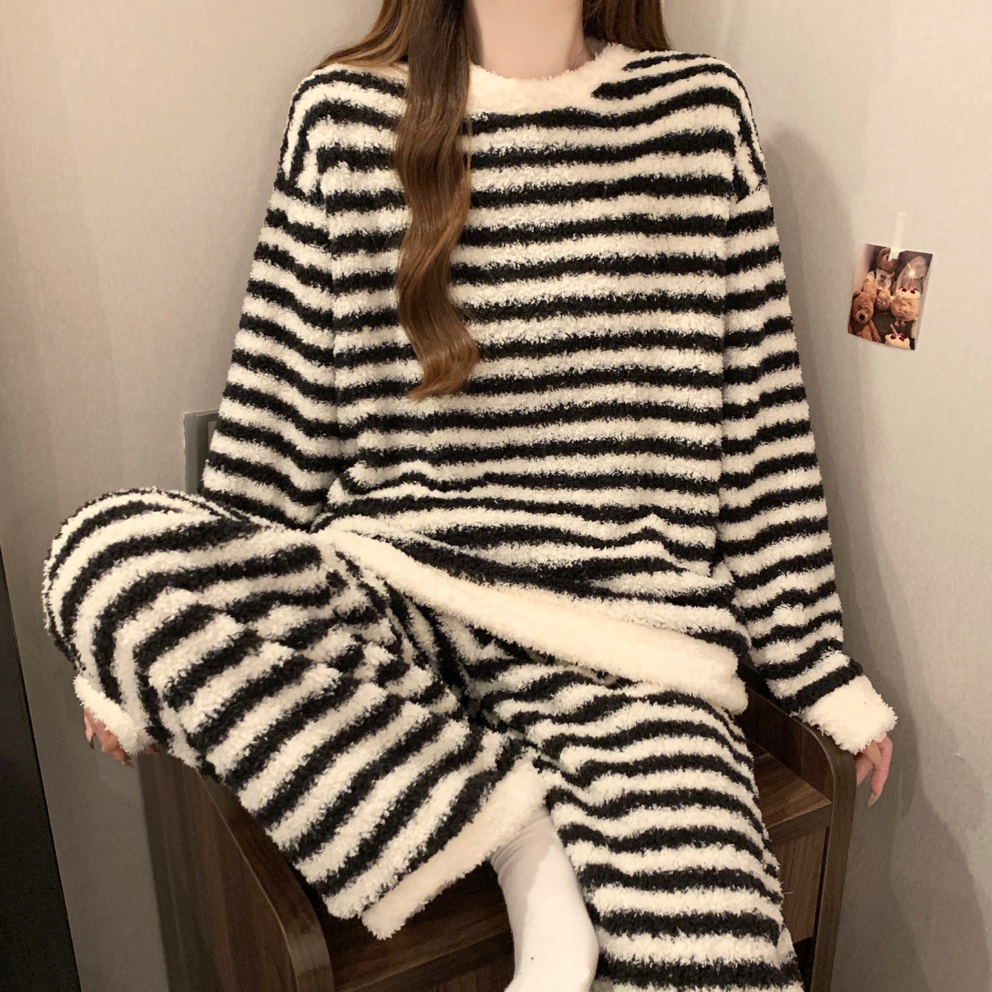 半边绒睡衣女冬季条纹加厚珊瑚绒