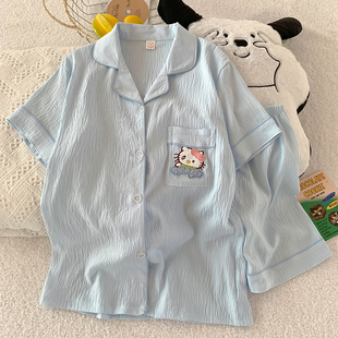 夏季 短袖 甜美蓝色KT猫睡衣女款 云朵棉2025新款 短裤 夏天家居服套装