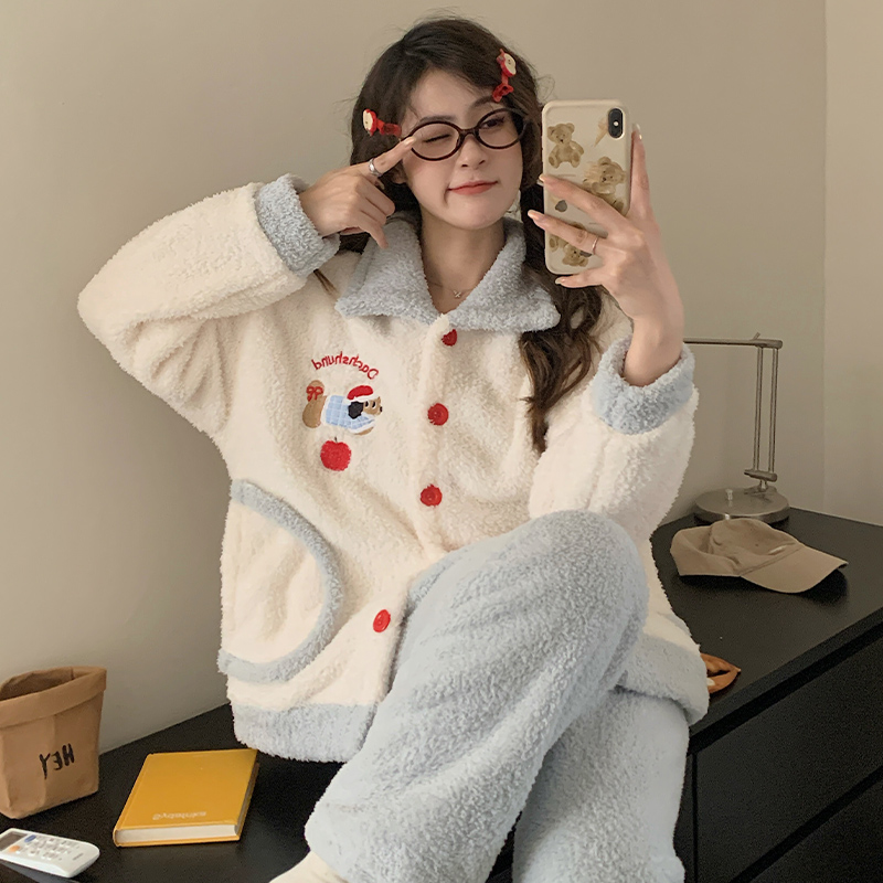 可爱腊肠狗珊瑚绒睡衣女冬季加厚