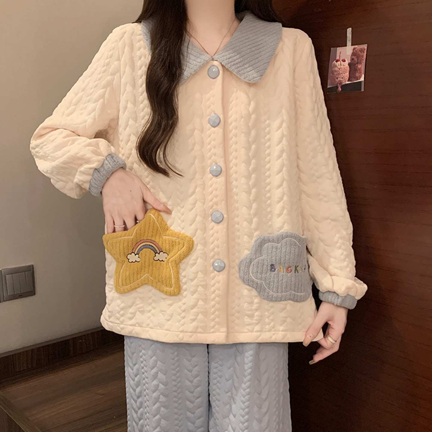 空气棉夹层睡衣女秋冬季加厚套装