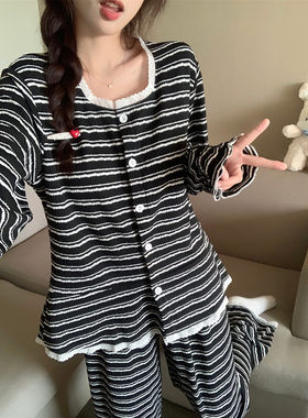 高级感条纹睡衣女春秋季长袖套装