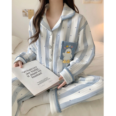 条纹鸭空气棉睡衣女秋冬季夹棉